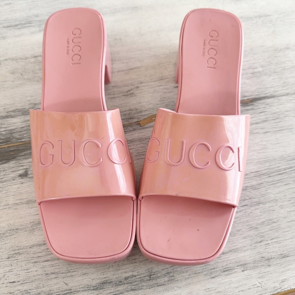 Gucci Pink Wild Rose Rubber Slides Heeled Mules Sandals size 39 - Picture 6 of 11